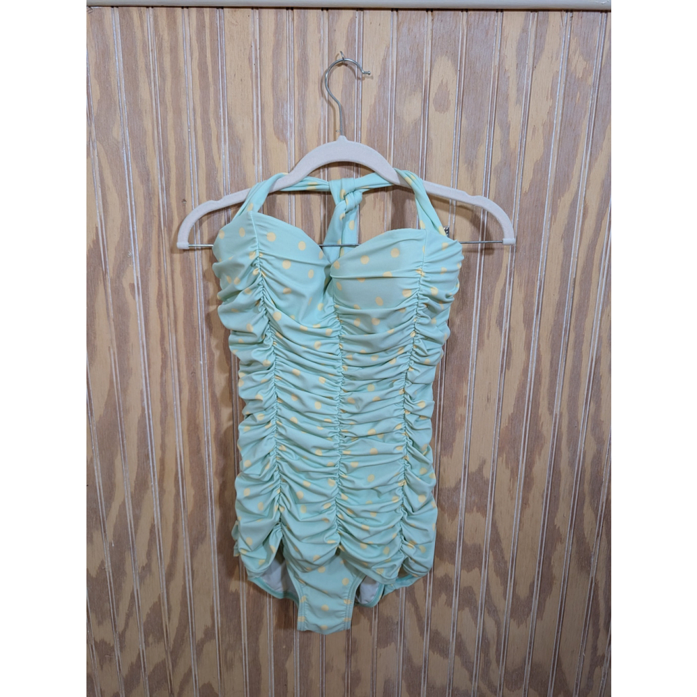 NWOT Women's Unique Vintage Swim One Piece Size L Green Yellow Polka Dot